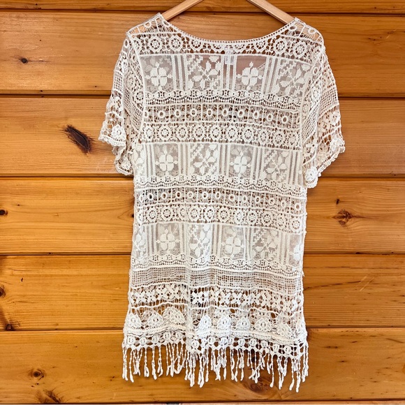 Kaktus Crochet Fringe Women Cream Sheer Lace Boho Festival Cottage Mini Dress XL - Picture 4 of 5